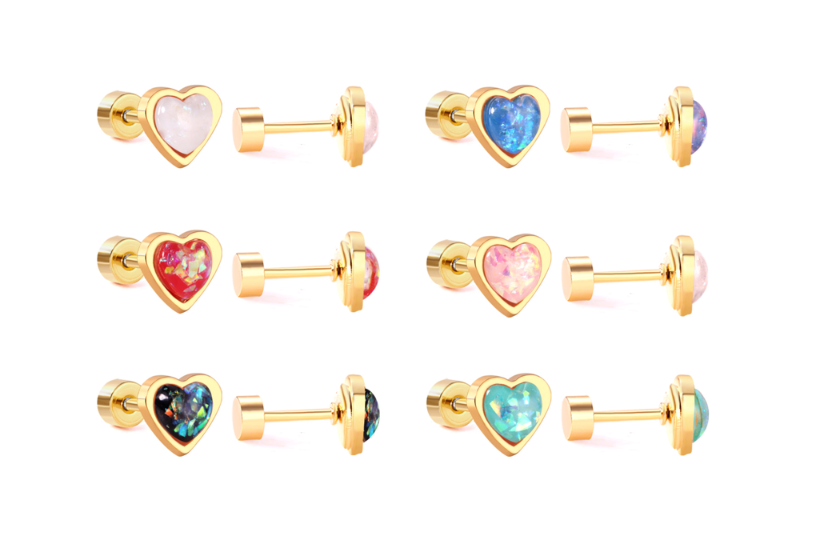 Children's, Teens' and Mothers' Earrings:  Surgical Steel, Gold IP, Sparkly Enamel Heart Earrings with Screw Backs - Pink