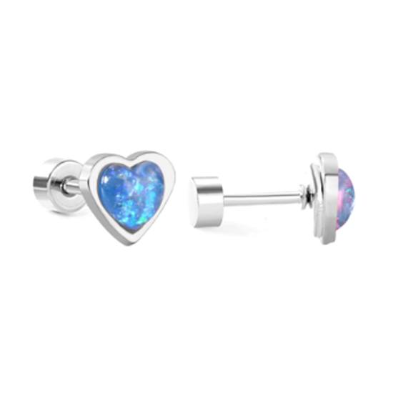 Children's, Teens' and Mothers' Earrings:  Surgical Steel, Sparkly Enamel Heart Earrings with Screw Backs - Opal Blue