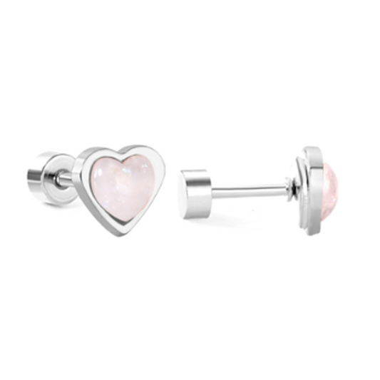 Children's, Teens' and Mothers' Earrings:  Surgical Steel, Sparkly Enamel Heart Earrings with Screw Backs - Palest Pink