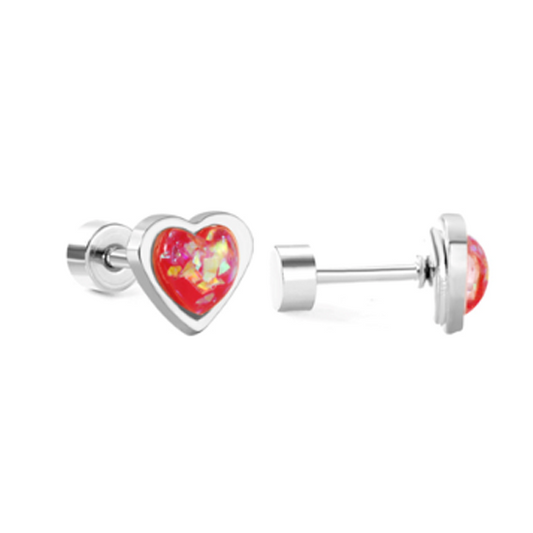 Children's, Teens' and Mothers' Earrings:  Surgical Steel, Sparkly Enamel Heart Earrings with Screw Backs - Red