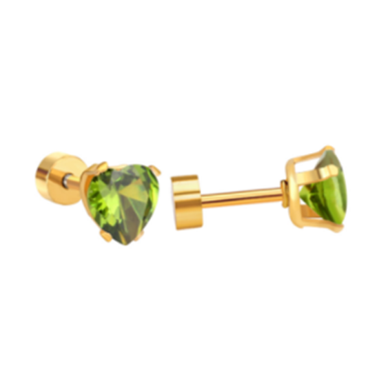 Children's, Teens' and Mothers' Earrings:  Surgical Steel, Gold IP, 6mm Heart CZ Earrings with Screw backs - Peridot (Green)