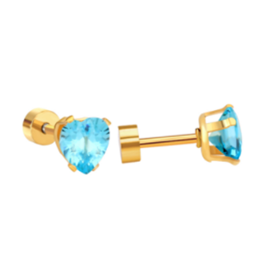Children's, Teens' and Mothers' Earrings:  Surgical Steel, Gold IP, 6mm Heart CZ Earrings with Screw backs - Aqua