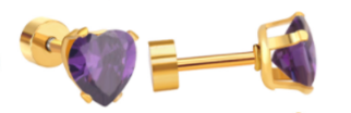 Children's, Teens' and Mothers' Earrings:  Surgical Steel, Gold IP, 6mm Heart CZ Earrings with Screw backs - Amethyst