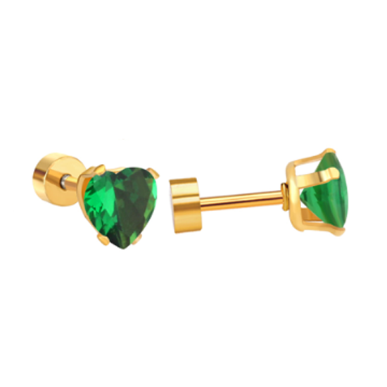 Children's, Teens' and Mothers' Earrings:  Surgical Steel, Gold IP, 6mm Heart CZ Earrings with Screw backs - Vibrant Green