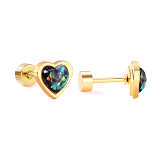 Children's, Teens' and Mothers' Earrings:  Surgical Steel, Gold IP, Sparkly Enamel Heart Earrings with Screw Backs - Dark Emerald Green