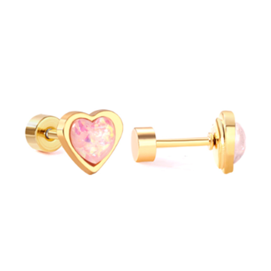 Children's, Teens' and Mothers' Earrings:  Surgical Steel, Gold IP, Sparkly Enamel Heart Earrings with Screw Backs - Pink