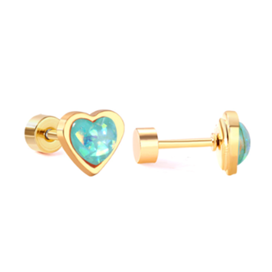 Children's, Teens' and Mothers' Earrings:  Surgical Steel, Gold IP, Sparkly Enamel Heart Earrings with Screw Backs - Aqua