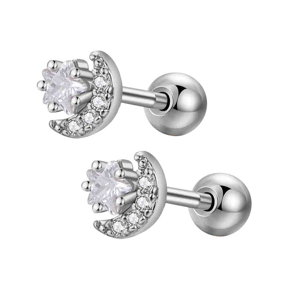Children's Earrings:  Surgical Steel, Clear CZ, Moon and Stars Reversible Earrings with Screw Backs