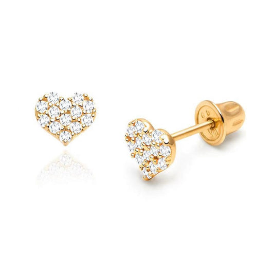 Children's Earrings:  14k Gold Over Sterling Silver, AAA CZ Encrusted Hearts with Screw Backs