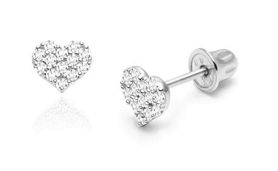 Children's Earrings:  14k Gold Over Sterling Silver, AAA CZ Encrusted Hearts with Screw Backs