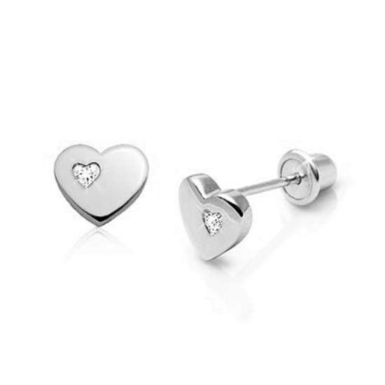 Children's Earrings:  Sterling Silver, CZ Heart on Hearts Earrings with Screw Backs