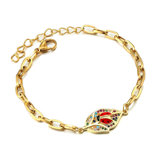 Children's Bracelets:  Steel with Gold IP Paperclip Bracelet with Ladybug