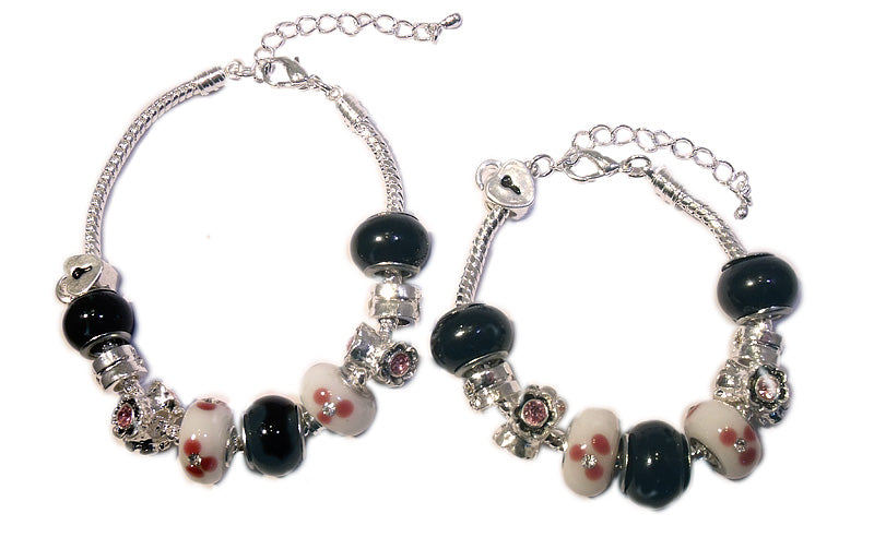 Baby and Children's Bracelets:  European Style Bracelets with Pink, White and Black Lampwork Beads
