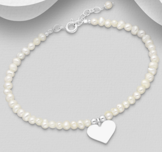Children's and Teens' Bracelets:  Sterling Silver, White, Freshwater Pearl Bracelets with Engravable Heart Charm and Gift Box