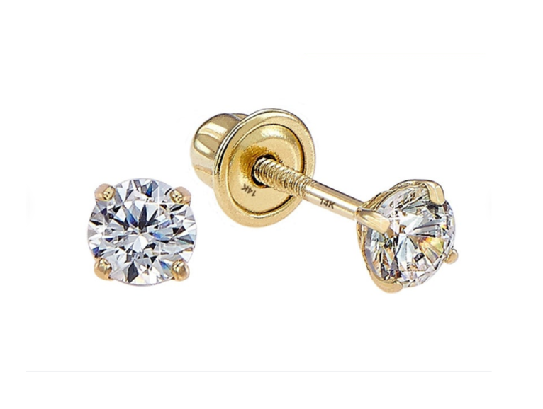 Baby Earrings:  14k White Gold Clear, 4 Prong 3mm AAA Solitaire CZ Screw Backs with Gift Box