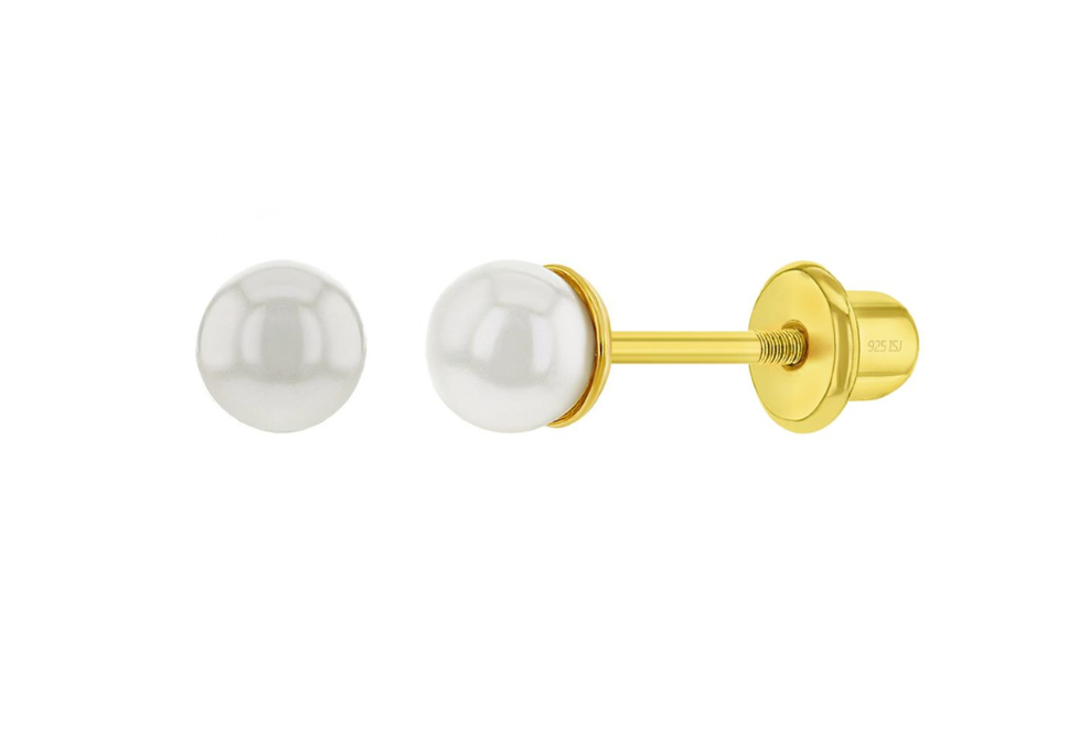 Baby Earrings:  14k Gold over Sterling Silver (Vermeil) 3mm Pearl Screw Back Earrings