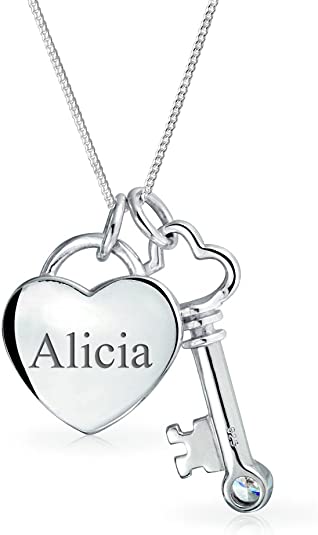 Children's, and Teens' Necklaces:  Silver Plated Puffed Heart Padlock with Clear CZ and Key with Clear CZ