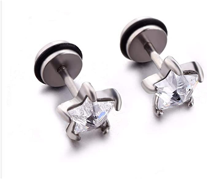 Children's, Teens' and Mothers' Earrings:  Surgical Steel, Clear CZ Stars with Easy Grip Screw Backs