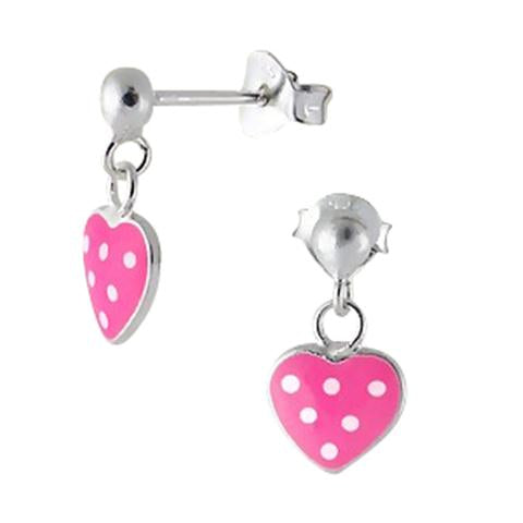 Baby and Children's Earrings:  Sterling Silver Pink with White Dots Heart Earrings