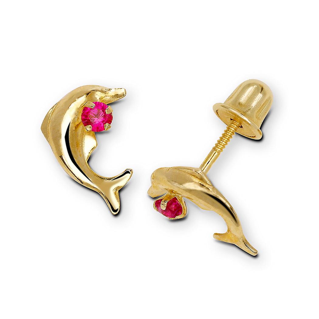 Children's Earrings:  14k gold Dolphin CZ Screw Back Earrings with Gift Box