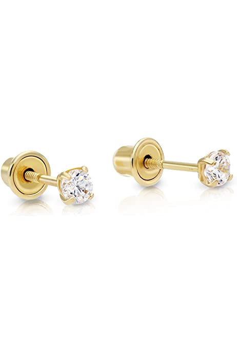 Children's Earrings:  14k Gold Clear, 4 Prong 4mm Solitaire AAA CZ Screw Backs with Gift Box