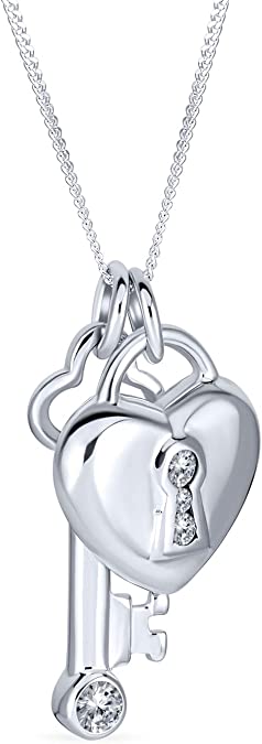 Children's, and Teens' Necklaces:  Silver Plated Puffed Heart Padlock with Clear CZ and Key with Clear CZ