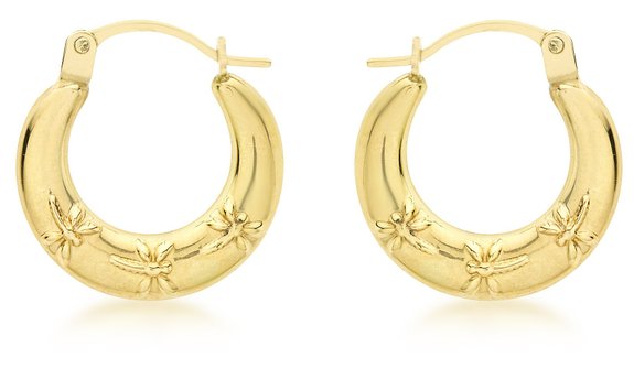 Children's, Teens' and Mothers' Earrings:  9k Gold Double Sided (2 earrings in 1) Dragonflies/Cz Encrusted Creole Hoops with Gift Box