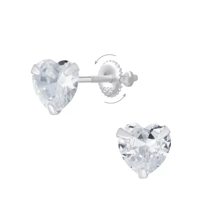 Children's Earrings:  Sterling Silver Clear CZ Heart Earrings with Screw Backs