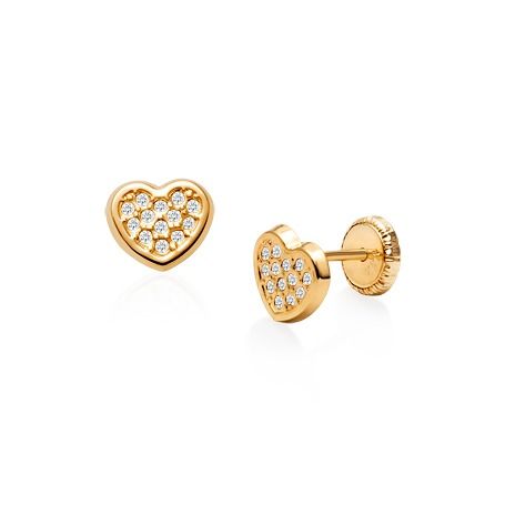 Children's Earrings:  9k Gold, CZ Encrusted Hearts with Screw Backs and Gift Box