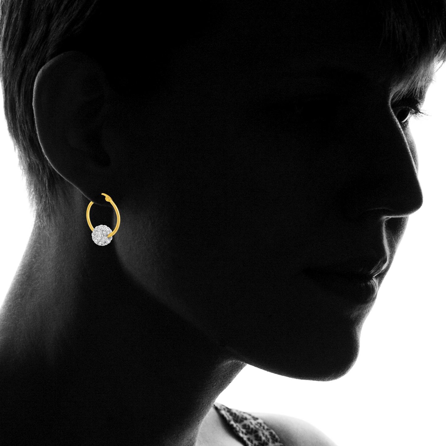 Teens' and Mothers' Earrings:  Gold IP Steel Hoops with Floating Crystal Balls