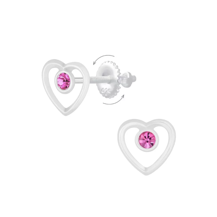 Children's Earrings:  Sterling Silver Open Heart with Pink CZ Screw Back Earrings