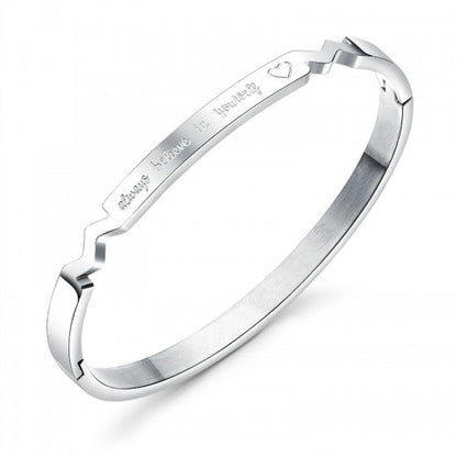 Titanium bangle with hinged design and engraved message 'Always believe in yourself' and heart inscription.