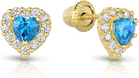 Baby and Children's Earrings:  14k Gold Blue AAA CZ Hearts with Screw Backs and Gift Box