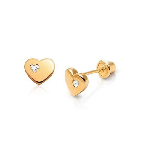 Children's Earrings:  14k Gold Over Sterling Silver, CZ Heart on Hearts Earrings with Screw Backs