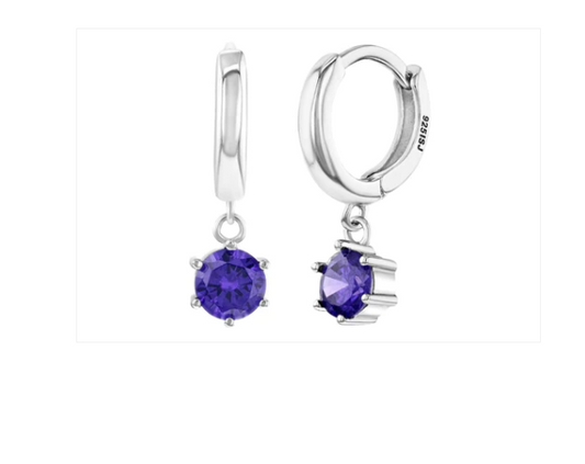 A pair of sterling silver huggie hoop earrings with amethyst cubic zirconia dangles.