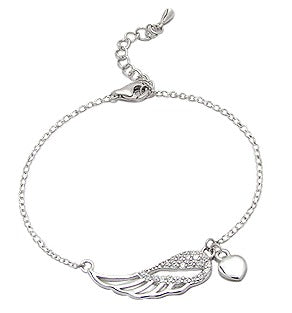 Children's and Teens Bracelets:  Sterling Silver CZ Encrusted Angel-Wing Children's Bracelets with Heart Charm
