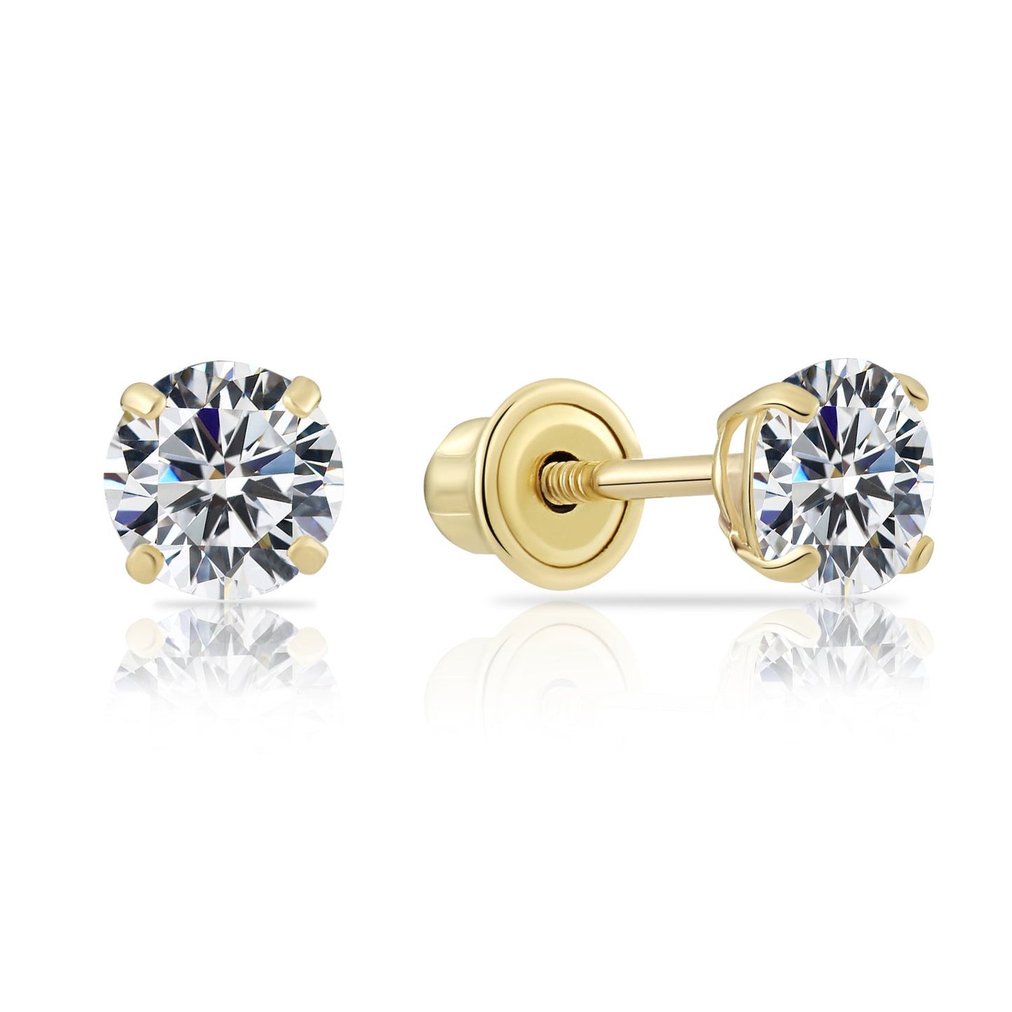 Children's Earrings:  14k Gold Clear, 4 Prong 4mm Solitaire AAA CZ Screw Backs with Gift Box