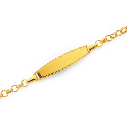 A 9k gold children's ID bracelet with an oval-shaped plate, part of a Belcher chain.