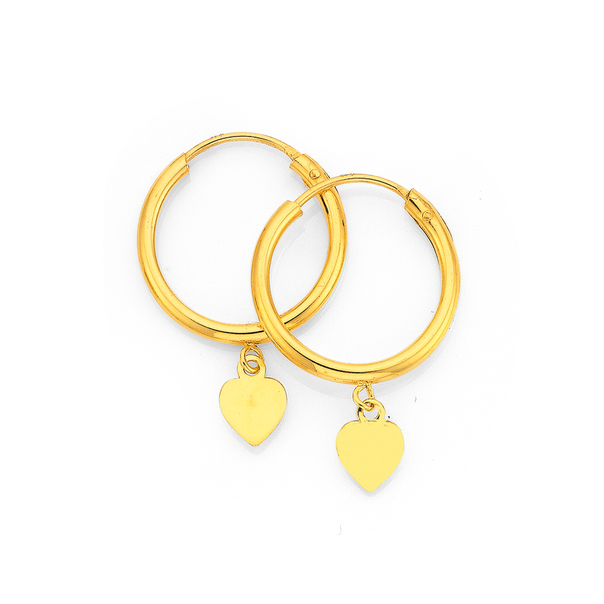 Children's Earrings:  9k Gold Small Hoops with Puffy Heart Dangles Age with Gift Box Age 2 - 8
