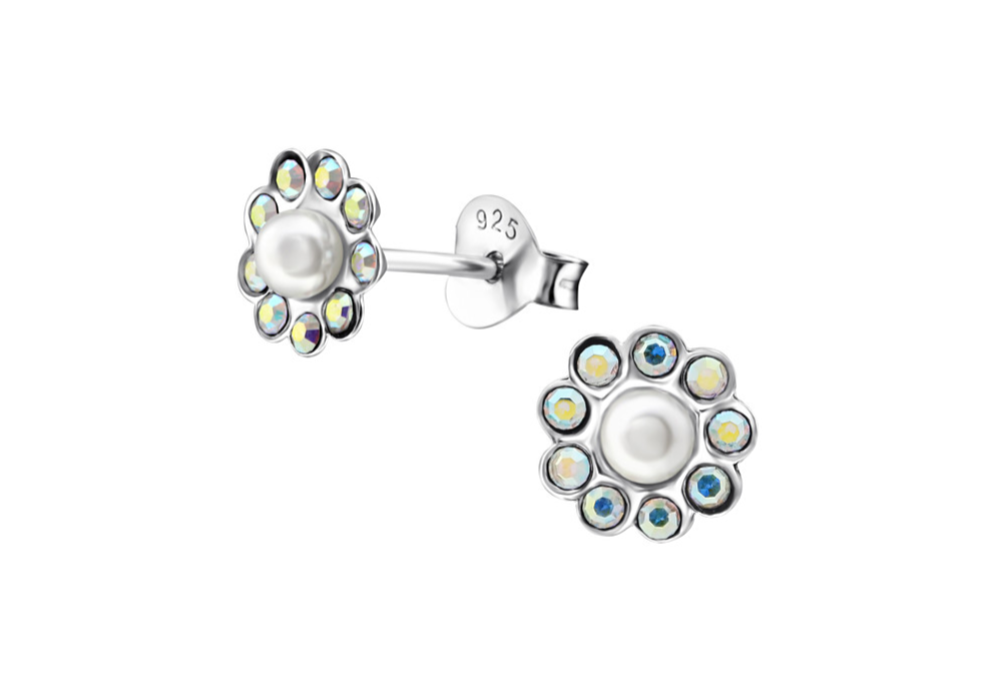 Children's Earrings:  Sterling Silver Pearl/Aurora Borealis CZ Flower Earrings