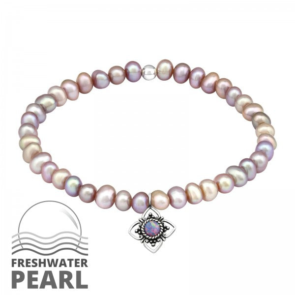 Children's, Teens'and Mothers' Bracelets:  Sterling Silver Lab Created Opal Charm on Lavender Freshwater Pearl Bracelets with Charm