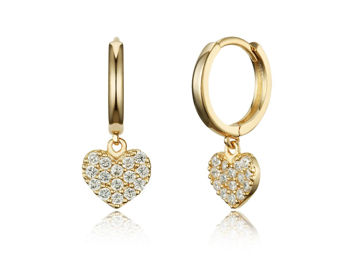 Children's Earrings:  14k Gold Plated Clear CZ Huggie Hoops with CZ Encrusted Hearts