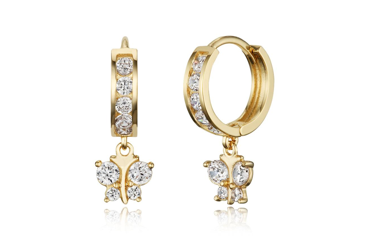Children's Earrings:  14k Gold Plated Clear CZ Huggies with Butterflies