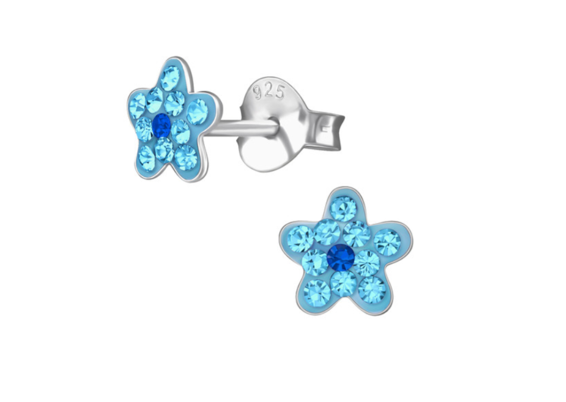Baby and Toddler Earrings:  Sterling Silver, Blue Crystal Flower Earrings