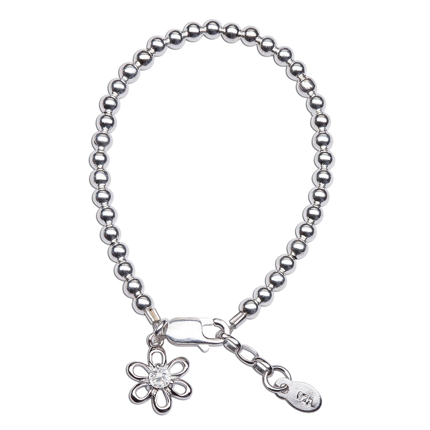 Baby bracelets – Sterling silver daisy birthstone ball bracelet for newborns with CZ charm.