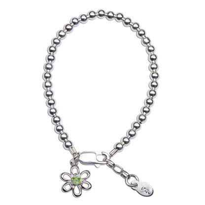 Baby bracelets featuring a sterling silver daisy charm and green CZ birthstone for newborns.