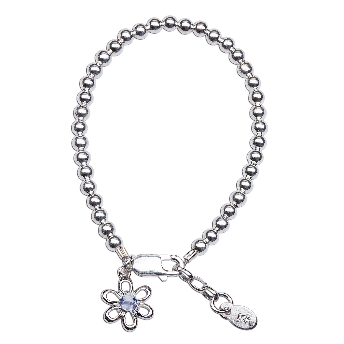 Baby bracelets featuring a sterling silver daisy charm and CZ birthstone, perfect for newborns.