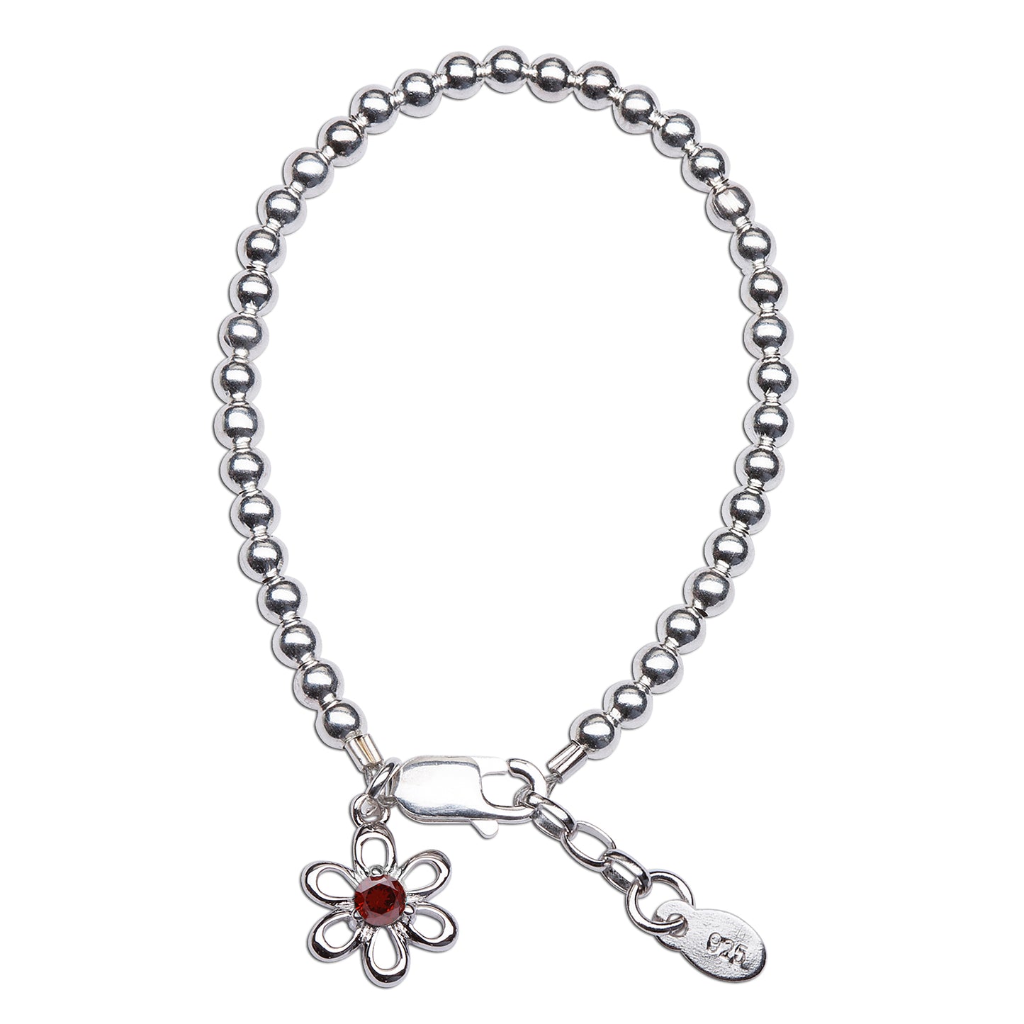 Baby bracelets featuring sterling silver daisy charm with CZ birthstone for newborns.