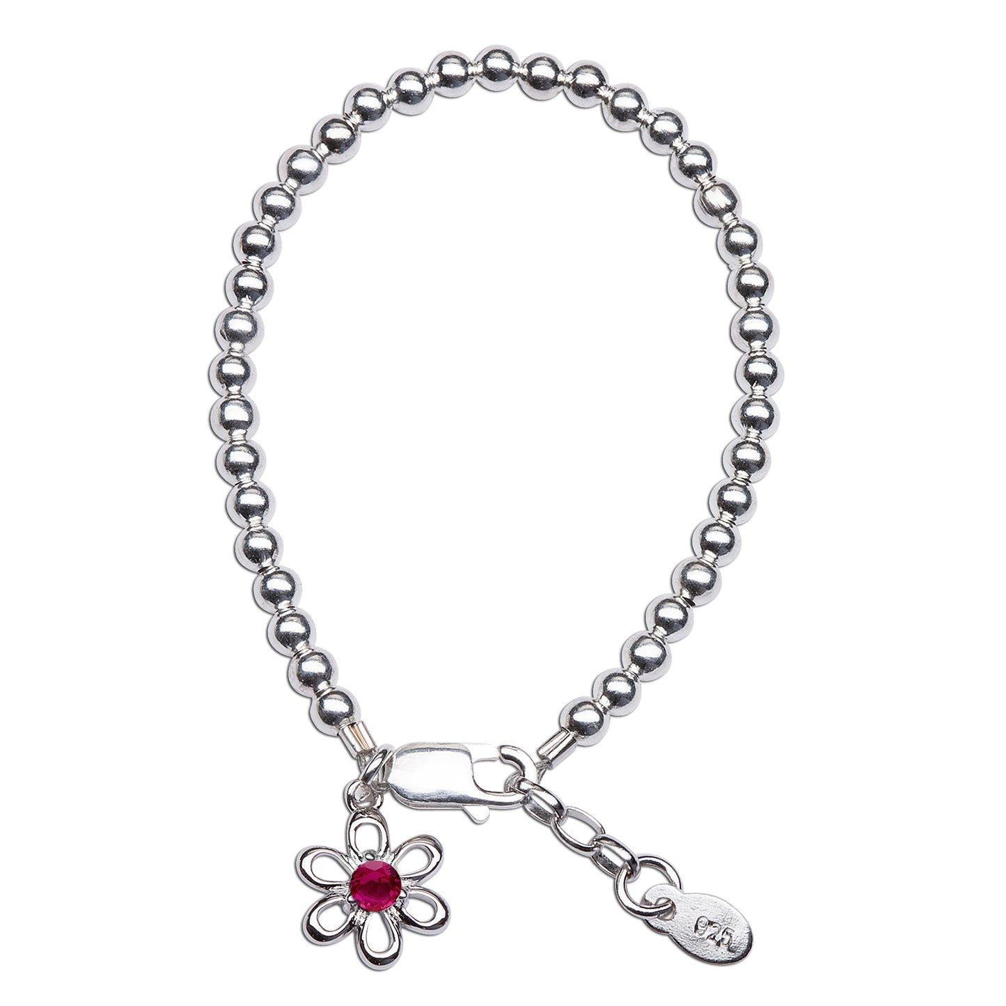 Baby bracelets featuring sterling silver beads and daisy charm with red CZ birthstone for newborns.