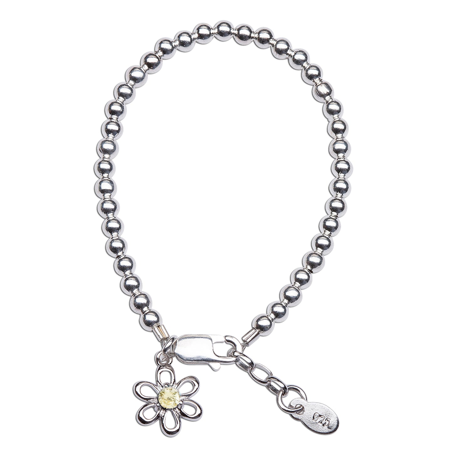 Baby bracelets featuring a sterling silver daisy charm and yellow CZ birthstone, perfect for newborns.